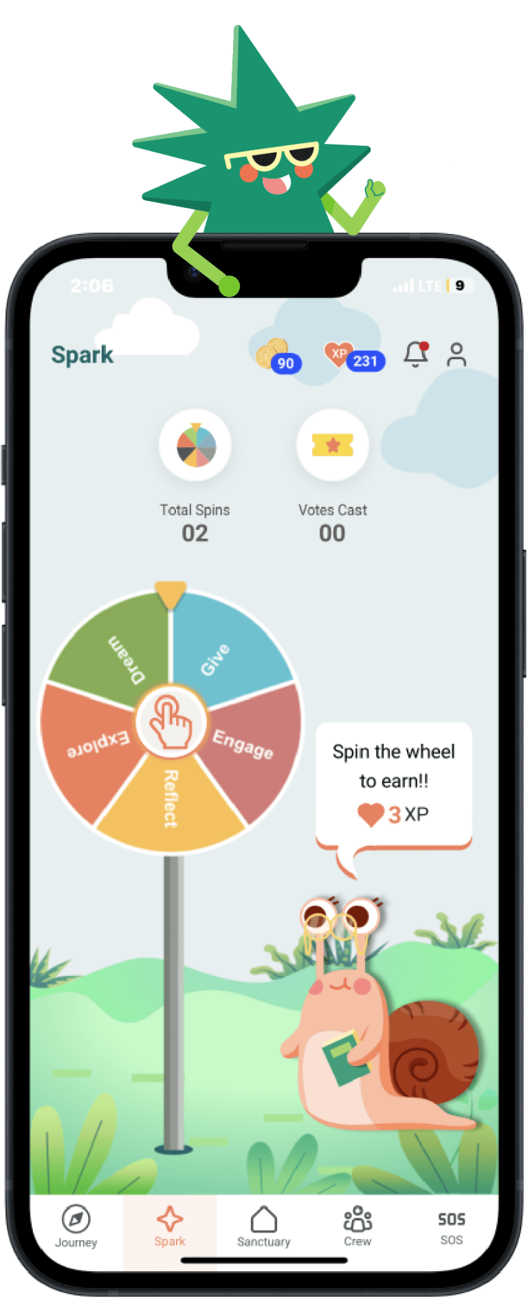 Lucero Screen showing spark feature, full wheel with self care prompts