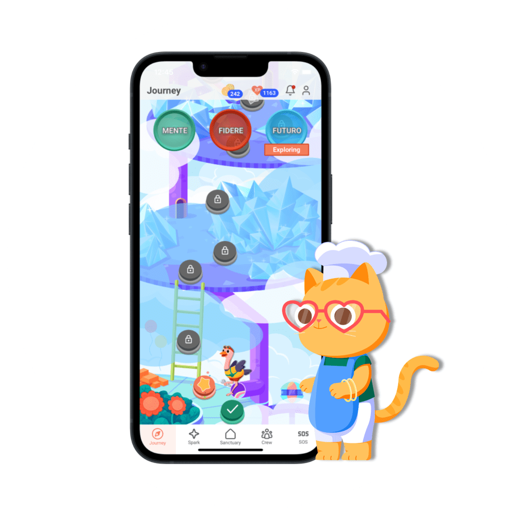 A smartphone displays a colorful app interface with a game featuring a character climbing a ladder amidst icy mountains. Next to the phone is an animated orange cat wearing glasses, a white chef's hat, and a blue apron.
