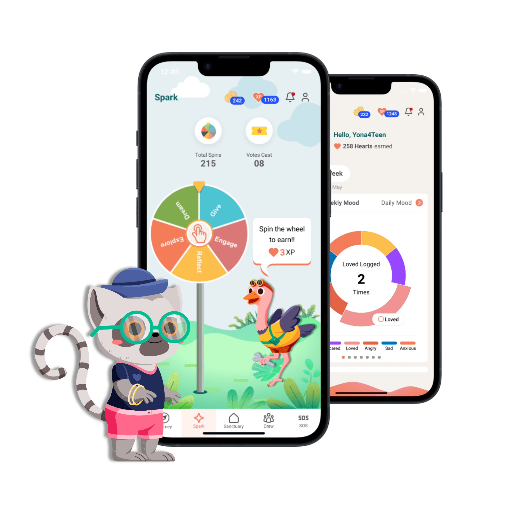 Two smartphones display an app with various colorful screens, including a spin wheel and progress charts. In front of the phones stands a cartoon lemur in a hat, glasses, and pink shoes, holding a walking stick, with a colorful bird nearby.