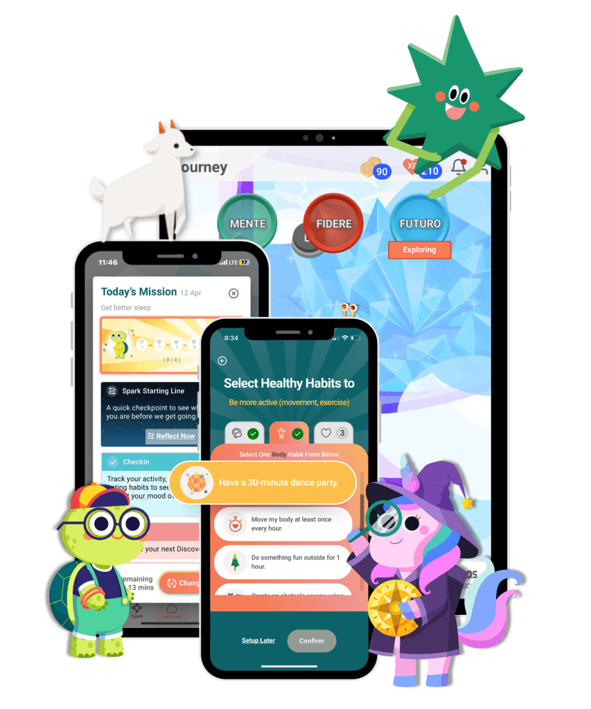 Screenshots of the App Lucero: Self Care Made Fun. Mocked up to show Iphone and Ipad Screens