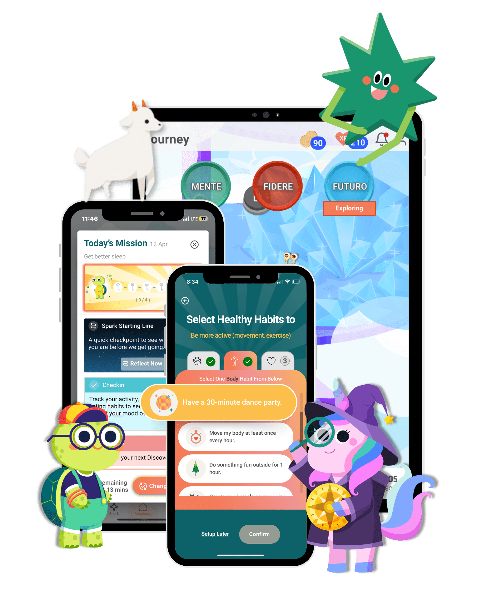 Screenshots of the App Lucero: Self Care Made Fun. Mocked up to show Iphone and Ipad Screens