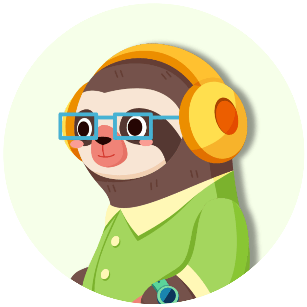 A cartoon sloth wears large yellow headphones and blue glasses. It has a gentle expression and is dressed in a light green shirt with yellow buttons and a green sleeve. The background is light green, and the image is circular in shape.