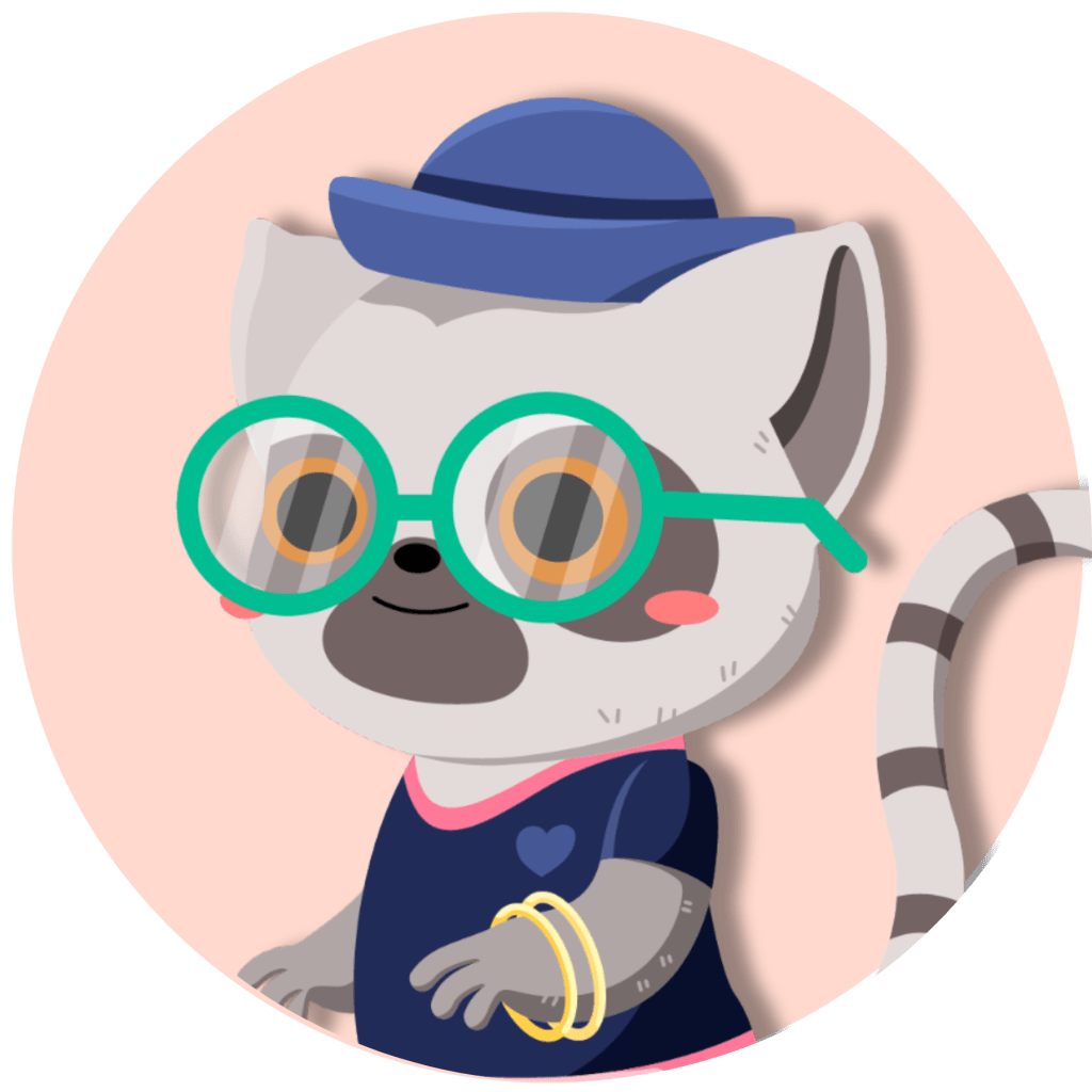 A cute cartoon lemur wearing large round glasses, a blue hat, and a blue shirt with a small heart emblem. The lemur also has two gold bangles on one of its arms and is set against a light pink circular background.