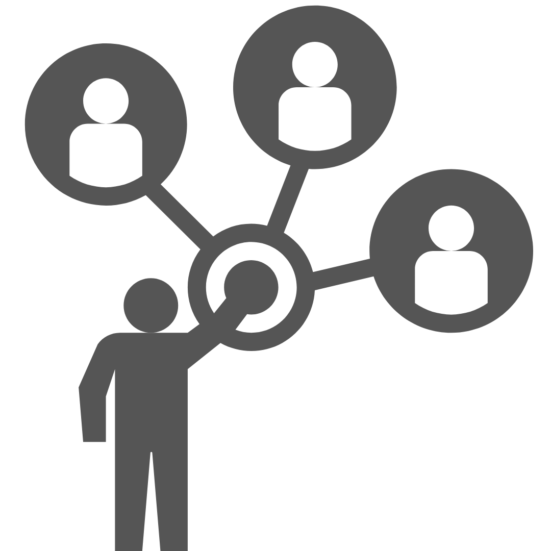 A simple gray icon depicts a person with an extended arm, touching a central circle connected to three smaller circles, each containing a silhouette of a person. The image conveys the concept of networking or connecting with others.
