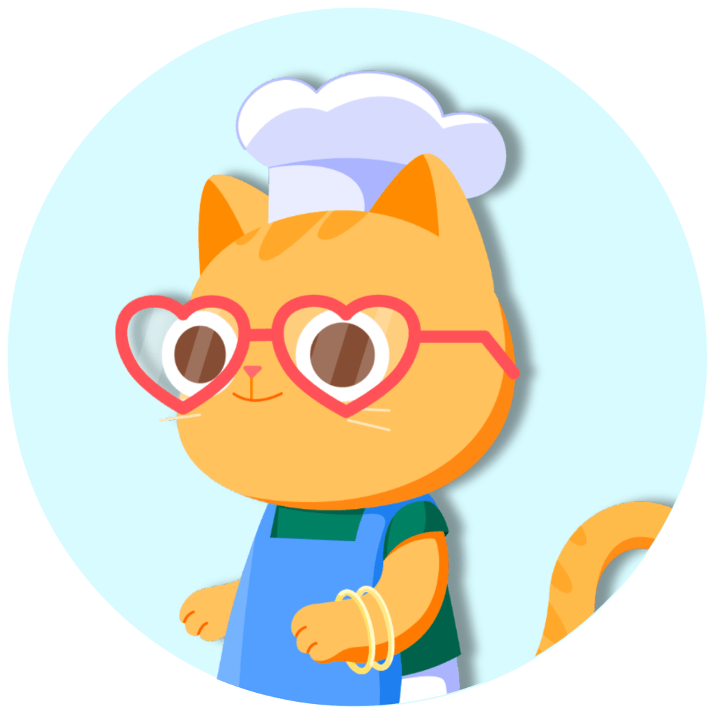 A cute cartoon orange cat wearing a white chef's hat, heart-shaped glasses, a blue apron, and a green shirt. The cat is standing slightly angled to the right against a light blue circular background.