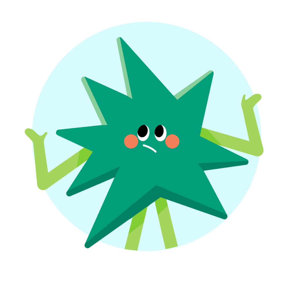 A digital illustration of a green, star-shaped character with limbs, blushing cheeks, and a sad expression. The character has its arms slightly raised and is set against a light blue circular background.
