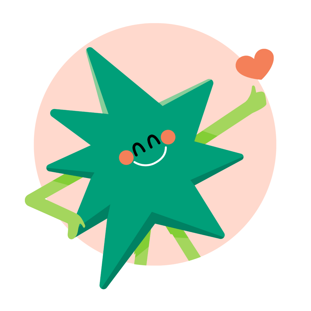A green star-shaped character with a smiling face and rosy cheeks is waving and holding up an orange heart. The background is a light pink circle. The character appears happy and cheerful.