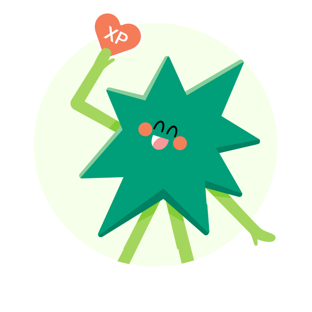 A cheerful, green, star-shaped character holds up a heart-shaped sign reading "XP" while smiling broadly. The character has pink cheeks and is set against a light circular background.