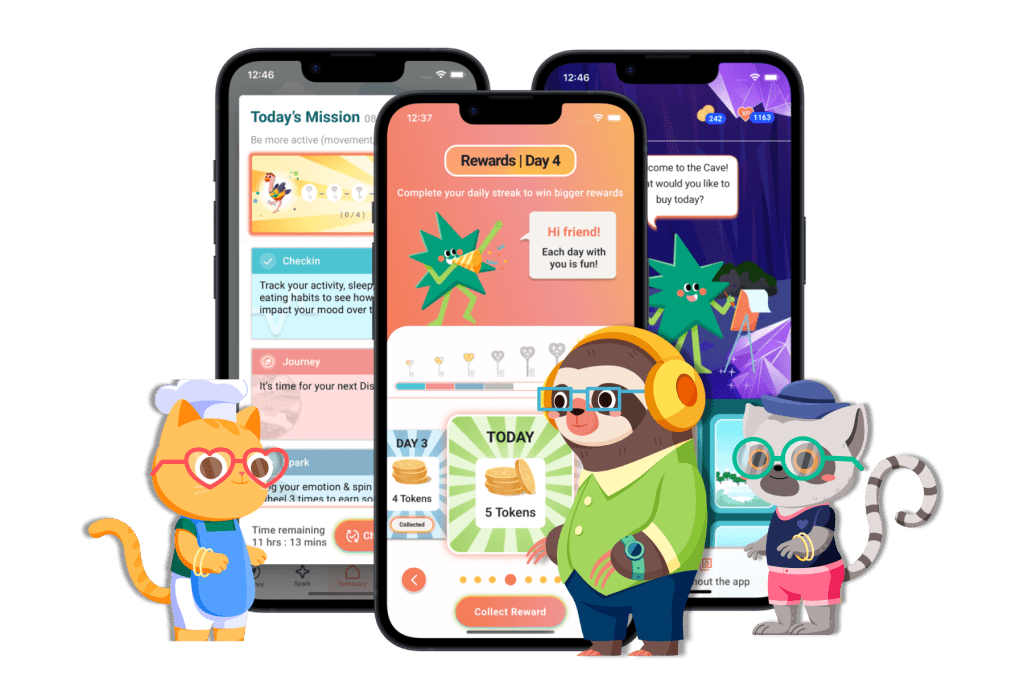 A colorful illustration features three mobile phones displaying lucero app with daily missions, rewards, and animated animal characters. A cat in workout clothes, a sloth with headphones, and a raccoon wearing glasses stand in front of the phones, interacting with the screens.
