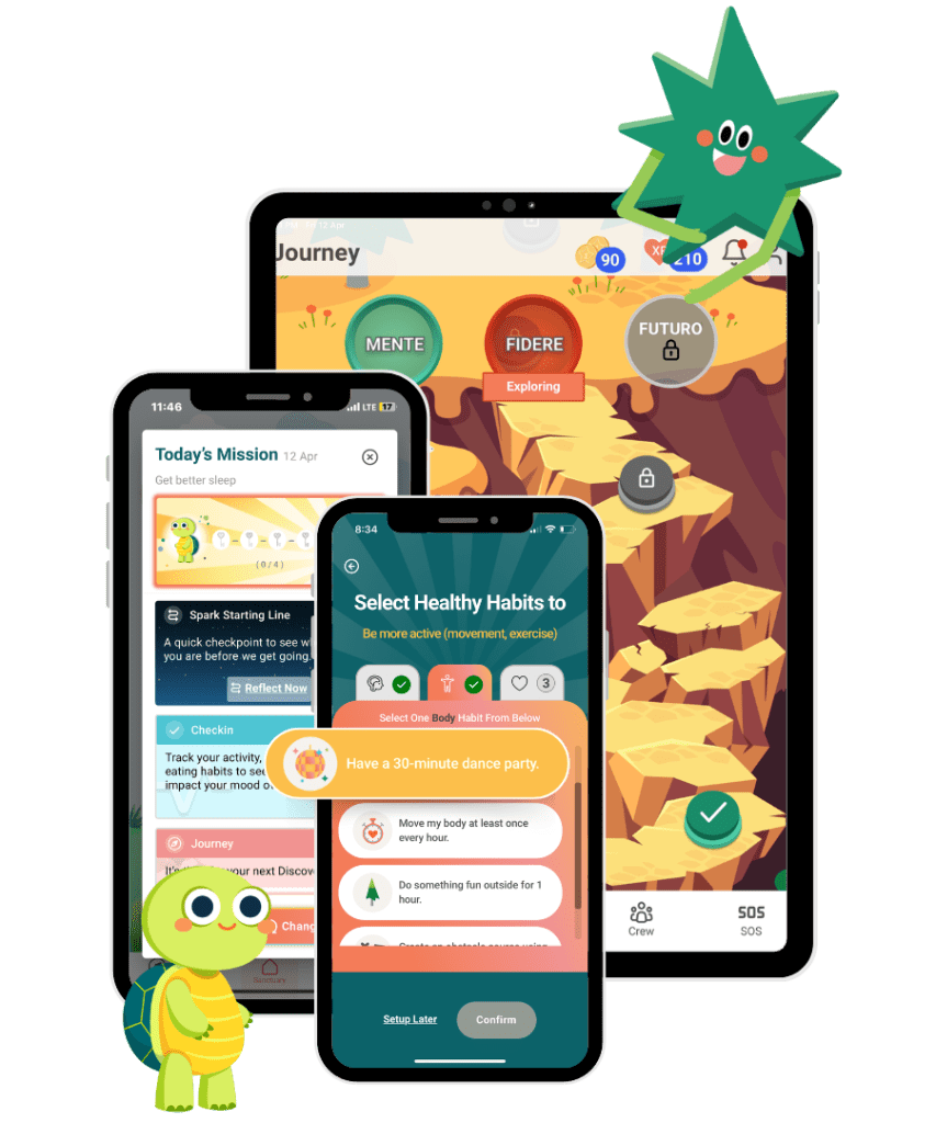 the app shown on various devices: tablet, phone, and tablet.