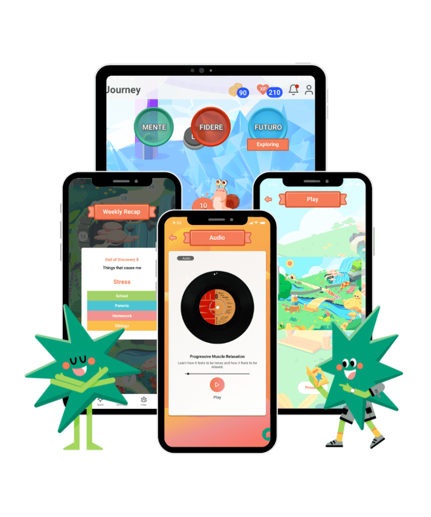 Four iPhones displaying various apps.