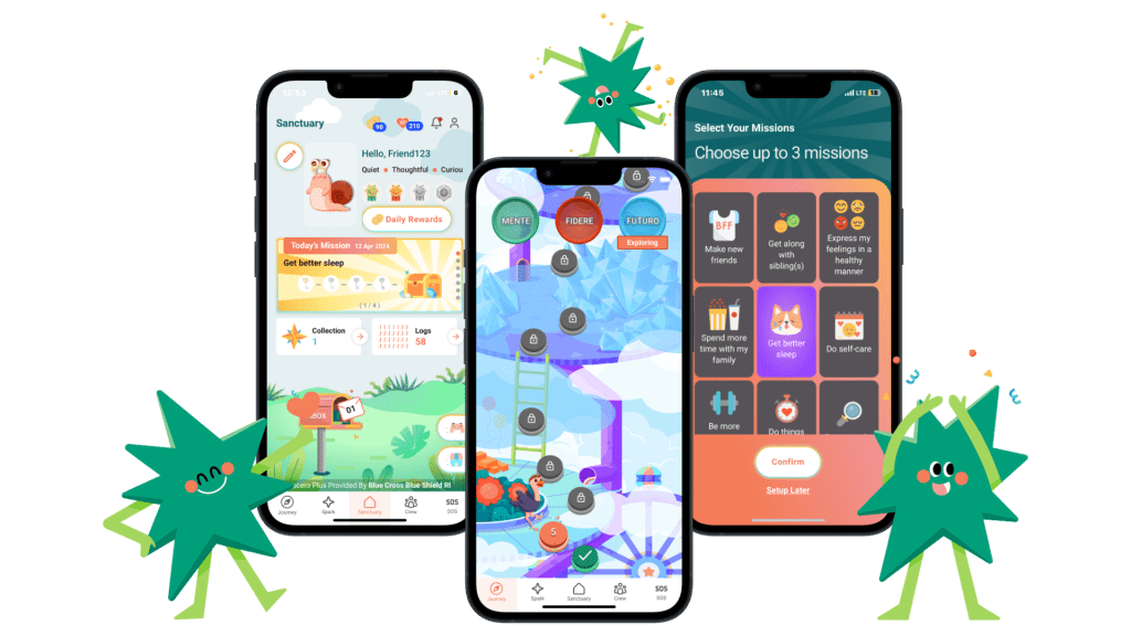 Lucero characters and screens including the sanctuary, mission selection, and journey